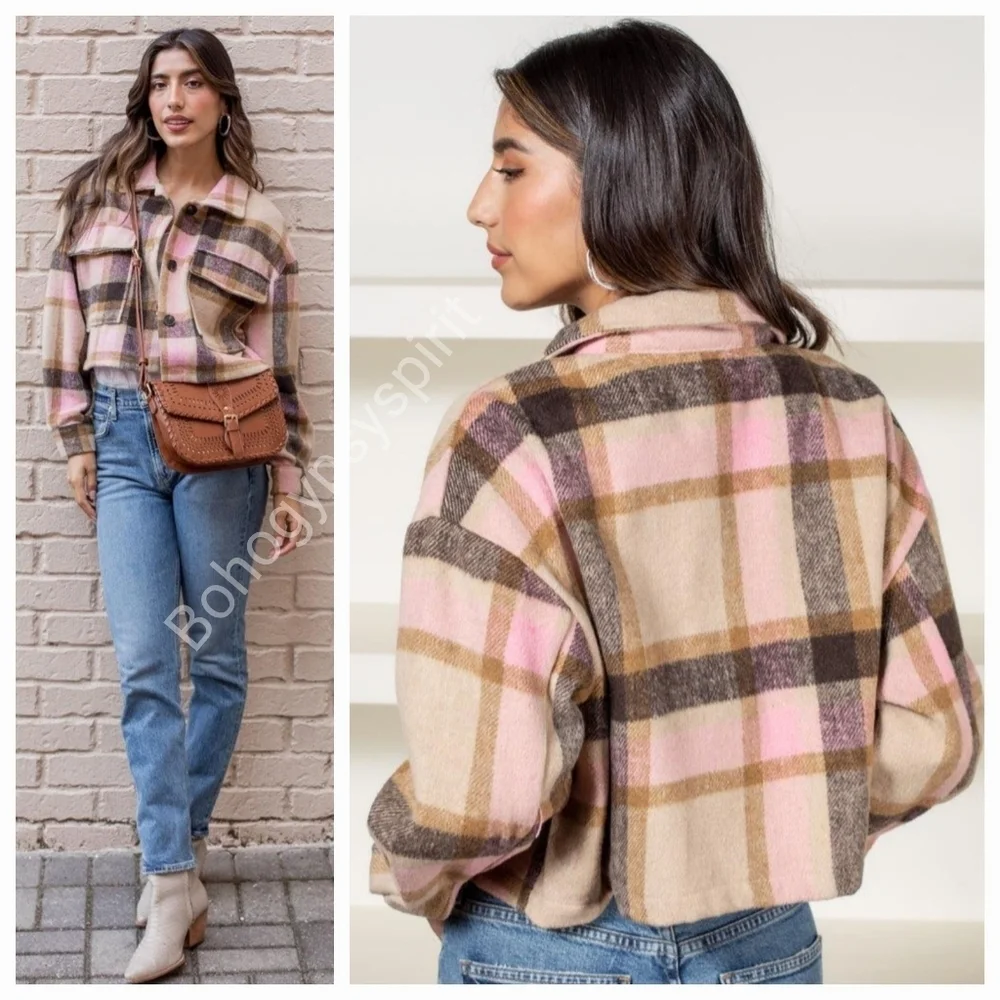 $120 Elan Plaid Cropped Flannel Cropped Jacket